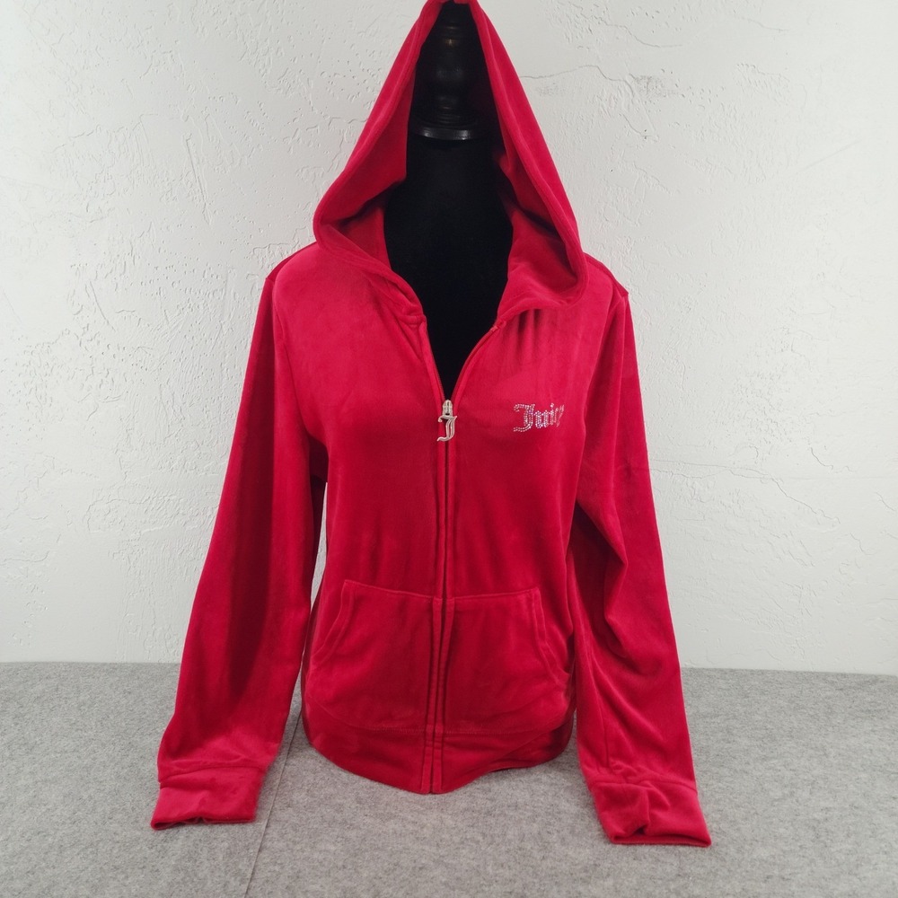 Juicy Couture Red Velour Rhinestone Logo Zip Up Hoodie Y2K Women Large *FLAWS*
